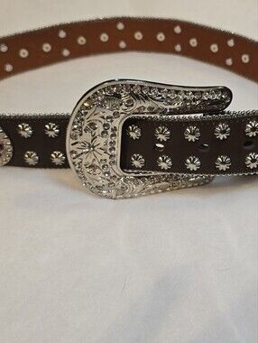 Women’s Embellished Western-Style Brown Leather Belt with Silver Crystal Buckle